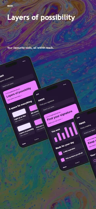 Neon screenshot design: Diagonal cascade