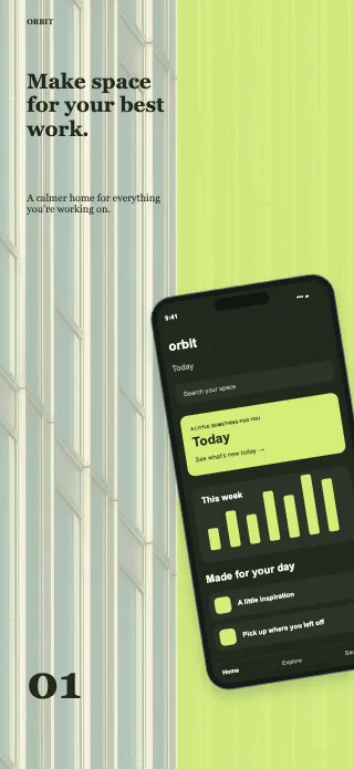 Orbit screenshot design: Editorial split